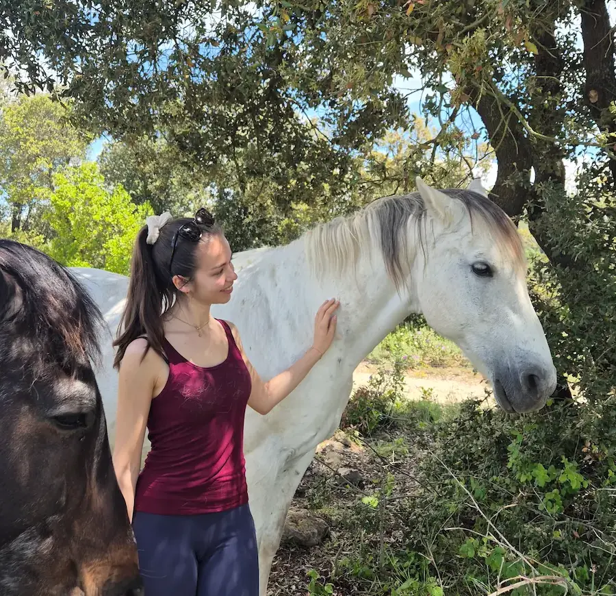 femme qui caresse un cheval dans le bois