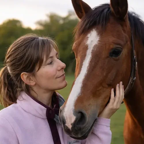 femme caressant un cheval